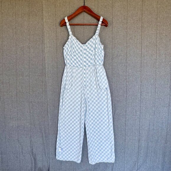 Urban Outfitters Sky Blue Ivory Gingham Print Elastic Spaghetti Strap Jumpsuit - Picture 7 of 14